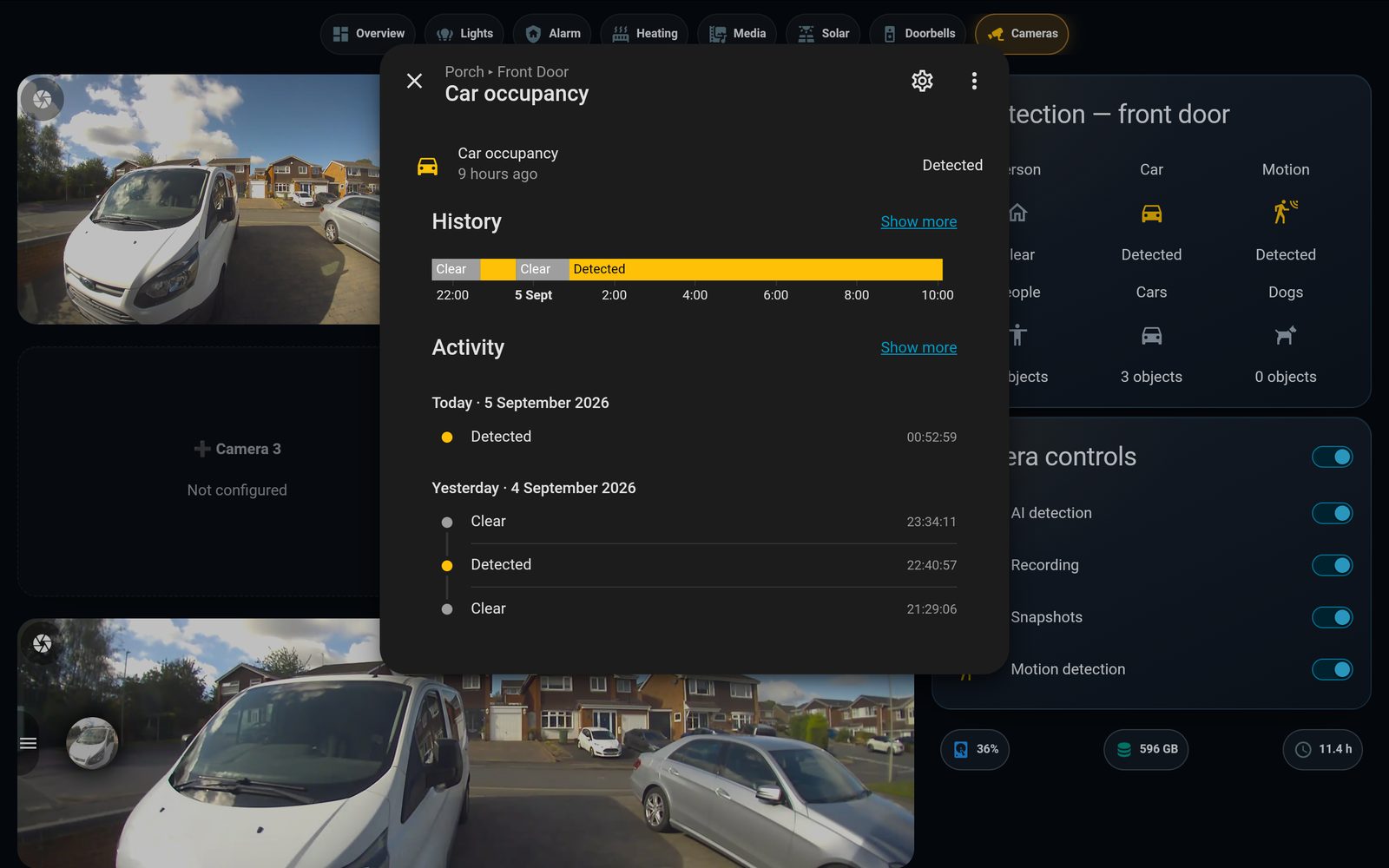 The car-occupancy detail: a history timeline of Clear/Detected and a timestamped activity log