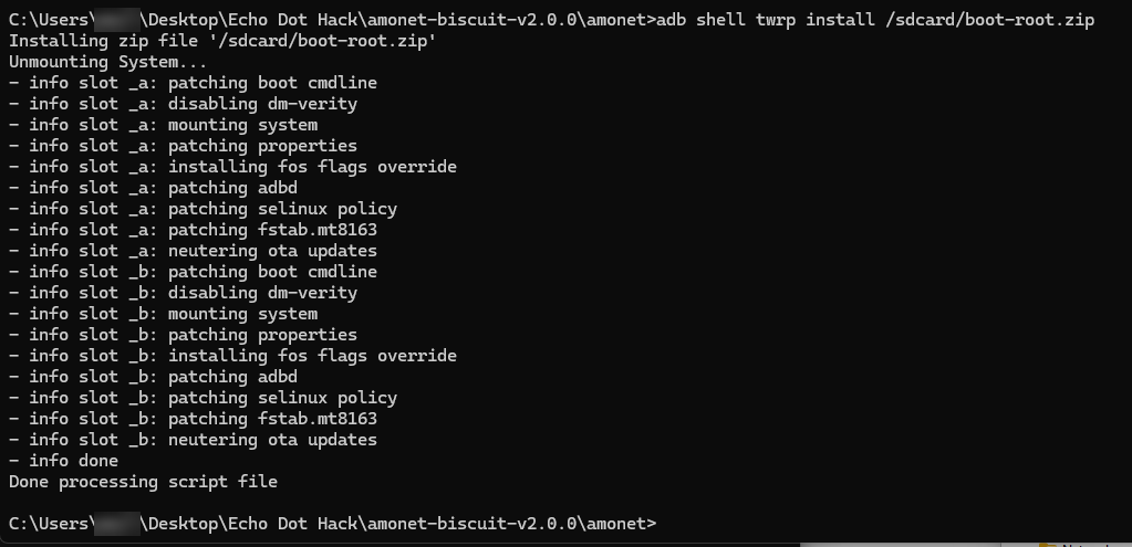 boot-root output patching boot cmdline, dm-verity, system, properties, fos flags, adbd, selinux policy, fstab and neutering OTA updates for slot a and slot b