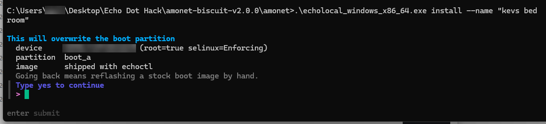 EchoLocal warns it will overwrite the boot partition boot_a and asks to type yes to continue; the device serial is blurred