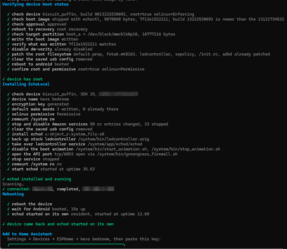 EchoLocal install log: device verified, root confirmed, 50 Amazon rc entries changed and 33 stopped, echod installed, API port tcp/6053 opened, connected to Wi-Fi, rebooted, echod started on its own; serial, Wi-Fi name and address blurred