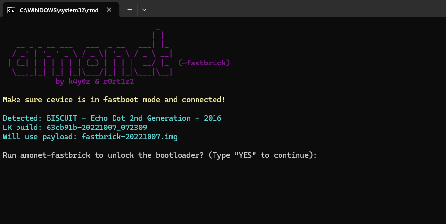Command prompt running amonet fastbrick: detected BISCUIT Echo Dot 2nd Generation 2016, LK build 63cb91b-20221007_072309, payload fastbrick-20221007.img, waiting for YES