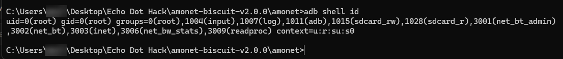 adb shell id returns uid=0(root) gid=0(root) with an su SELinux context