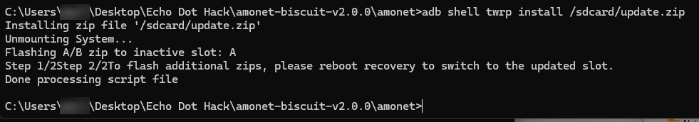 Second TWRP install output: Flashing A/B zip to inactive slot: A