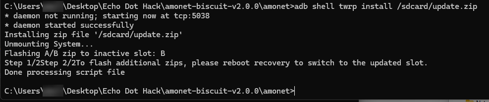 TWRP install output: Flashing A/B zip to inactive slot: B, done processing script file