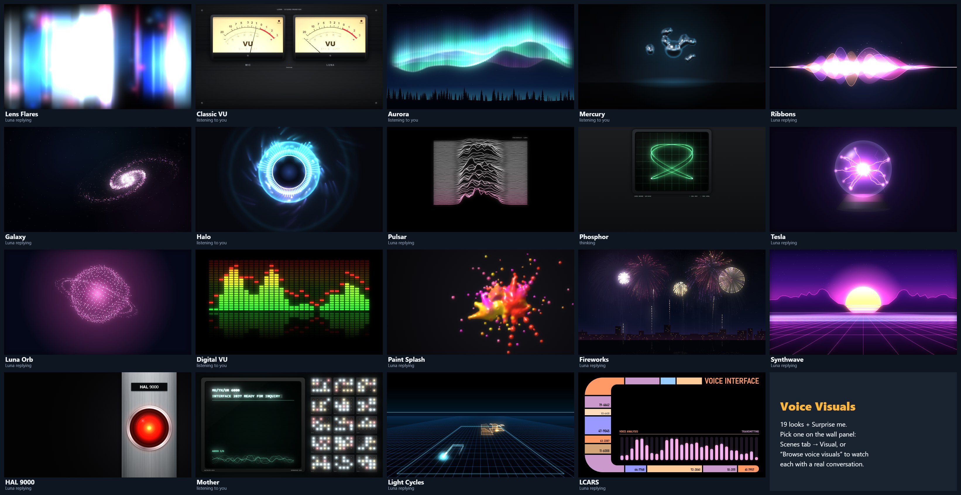 Contact sheet of the nineteen voice visuals mid-conversation: Lens Flares, Classic VU, Aurora, Mercury, Ribbons, Galaxy, Halo, Pulsar, Phosphor, Tesla, Luna Orb, Digital VU, Paint Splash, Fireworks, Synthwave, HAL 9000, Mother, Light Cycles and LCARS