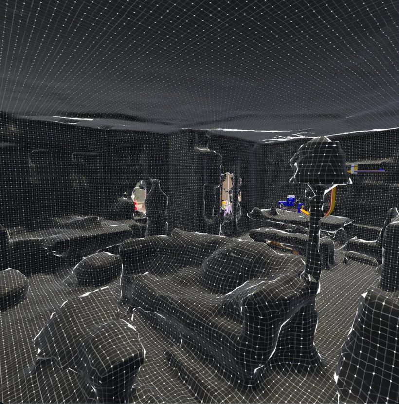 Quest 3 depth mesh of a living room: sofas, a floor lamp, walls and ceiling covered in a fine white dot grid