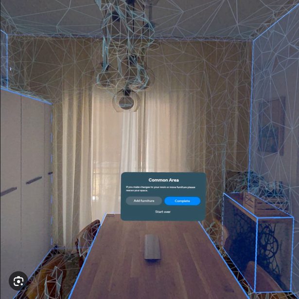 Quest 3 Space Setup: blue wireframe boxes around a wardrobe, table and cabinet with the Common Area completion dialog